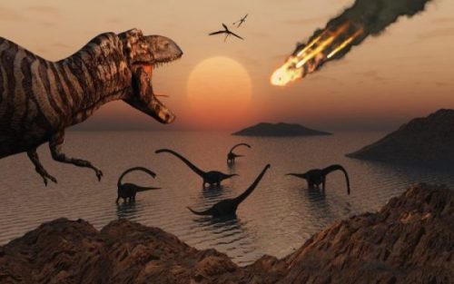 Image Fantasy Sci-Fi Scene Of Asteroid And Dinosaurs.