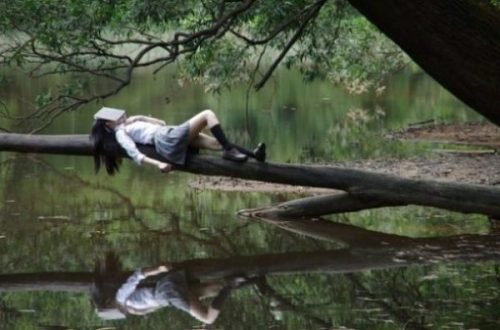 Image Of A Girl Lying On A Large Branch Over Waters With A Book Over Her Face.