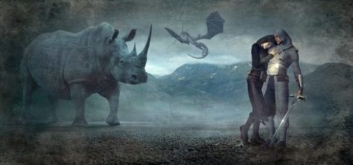 Featured Theme Image Rhino/Unicorn, Flying Dragon, Damsel And Sworded Knight With A Misty Background.