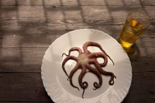 Featured Image Of A Small Outstretched Brownish Octopus On A White Plate With A Glass Of Beer Alongside.