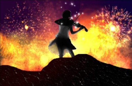 Image Of A Fantasy Themed Young Woman Musician With Violin Backgrounded By A Fiery Volcano.