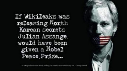 photocredit/thanks:medium Featured Topic Image Julian Assange Whose Mouth Is Sealed By The American Flag. The Statement-If Wikileaks Was Releasing North Korean Secrets Julian Assange Would Have Been Given A Nobel Peace Prize...