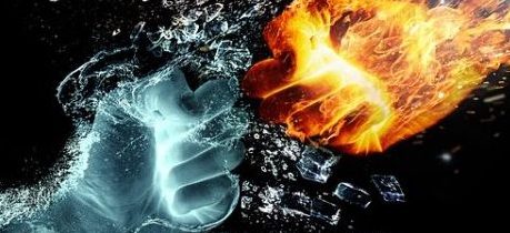 Elemental Theme Image Of Punching Ice Vs Punching Fire.