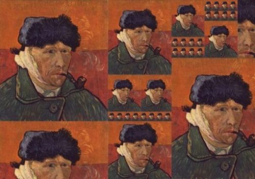 Montage Of The Van Gogh Self Portrait Highlighting The Wrong Ear Bandaged. Van Gogh Is Capped, Smoking A Pipe.