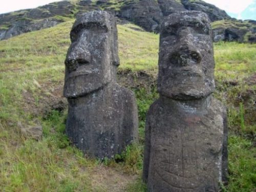 Featured Image Of A Pair Of The Easter Island Stone Statues In A Rocky Landscape.