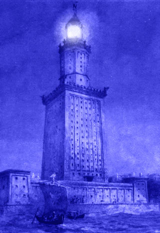Animated Gif Of An Ancient Lighthouse Flashing It's Light.