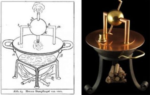 Split Image Showing A Drawing And Model Of One Of Hero Of Alexandria's Inventions.