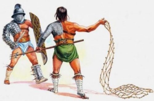 Featured Topic Image Of A Pair Of Gladiators One With A Trident + Net The Other With A Sword + Shield.