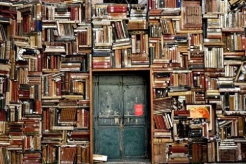 Image Of A Wall Shelved Full With Books And A Door Centred.