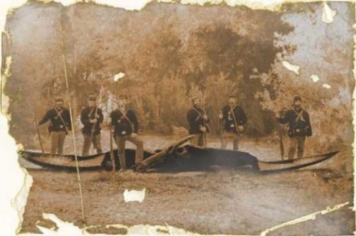 Image Of American Civil War Soldiers Surrounding A Downed Pterodon.