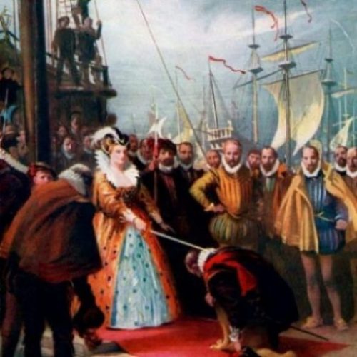 Image Of A Painting Of The Queen Knighting Francis Drake.