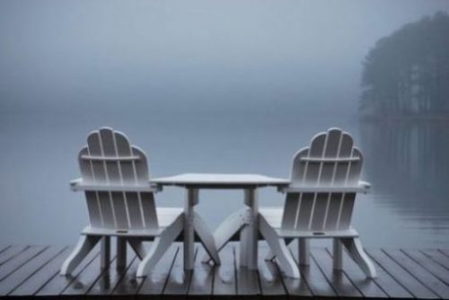 photocredit/thanks:Stafford GREEN:pixabay Image Of Two Empty White Deck Chairs And Table Facing A Misted Waterway.