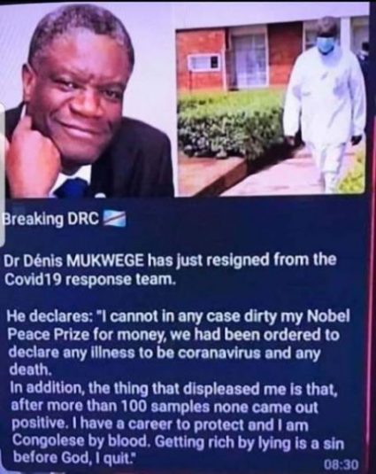 Image Of A Tweet By Dr. Denis Mukwege Who Resigned After Discovering Fake Covid Death Counts Used By Officials.