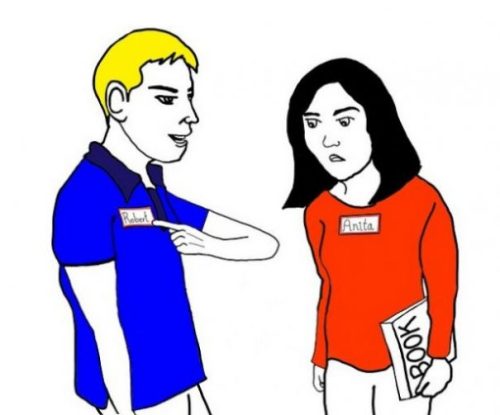 Image Of Drawn Female And Male Figures Where The Male is Introducing Himelf By Pointing At Name Tag On Chest.