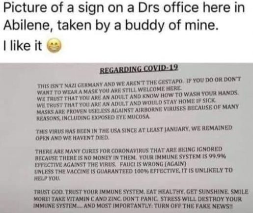 Image Of A Sign On A Doctors Office Regarding Errors Of Covid Policy.